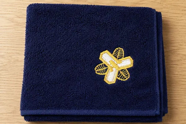 学校校章を刺繍したネイビーの今治ハンドタオル 卒業記念品・学校記念品制作事例