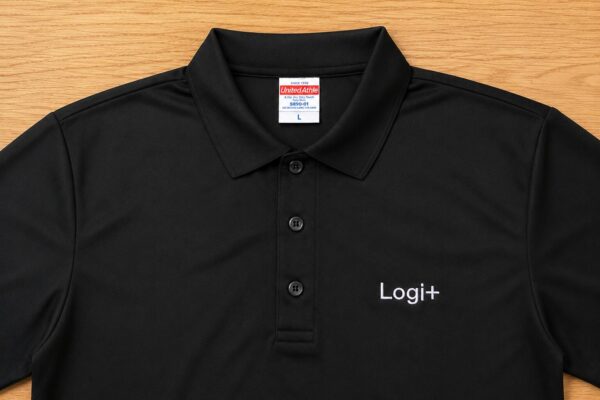 黒のドライポロシャツの胸元に「Logi+」のロゴを白糸で刺繍したオリジナルユニフォーム制作事例