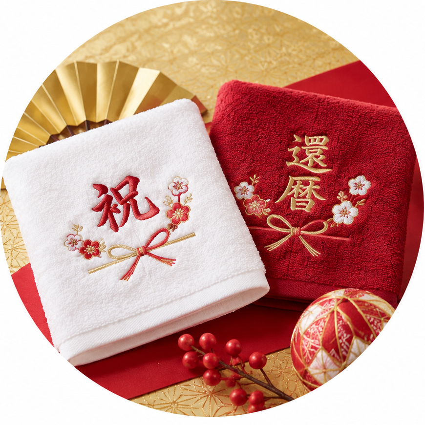 このようなシーンにおすすめに載せる還暦祝いのハンドタオル画像